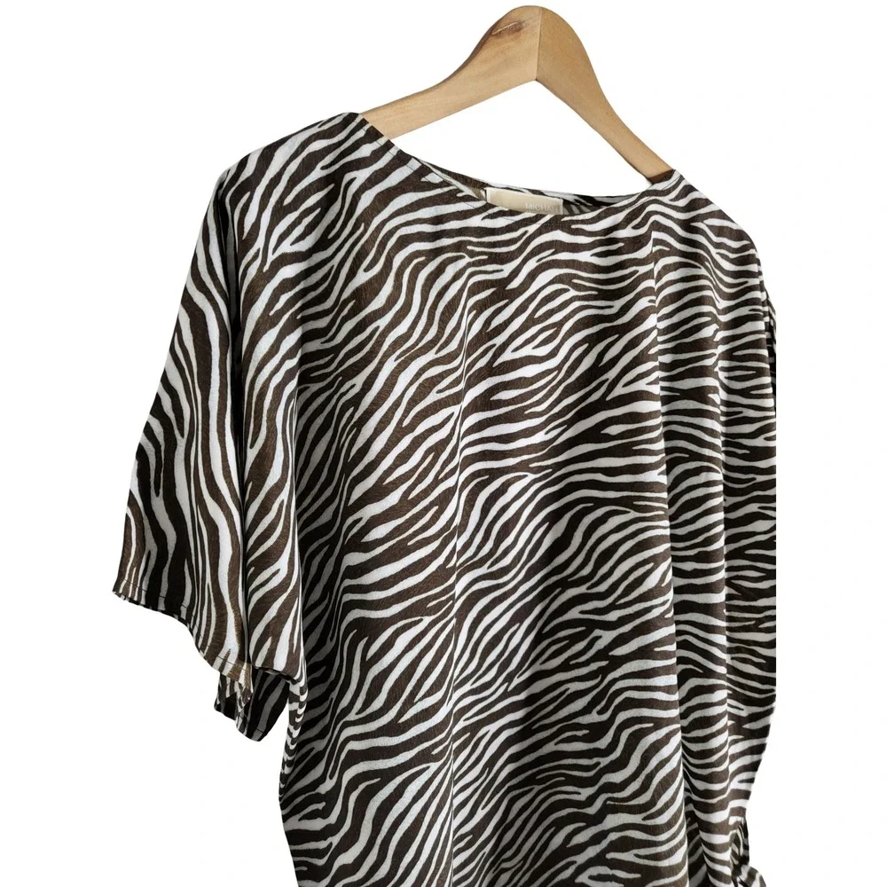Michael Michael Kors Zebra Print Side Tie Blouse Brown White M Relaxed Luxury